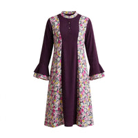 Plum kurti with floral side panels, mandarin collar and ruffled bell cuffs
