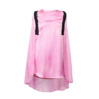 Pink satin cape top with black sequin shoulder trim and sheer overlay