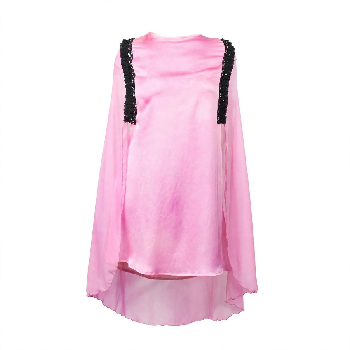 Pink satin cape top with black sequin shoulder trim and sheer overlay