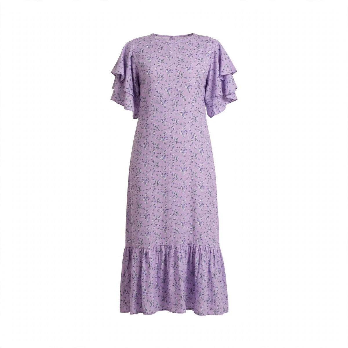 Lilac ditsy floral midi dress with layered flutter sleeves and frill hem