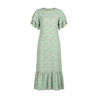 Sage green ditsy floral midi dress with flutter sleeves and frill hem