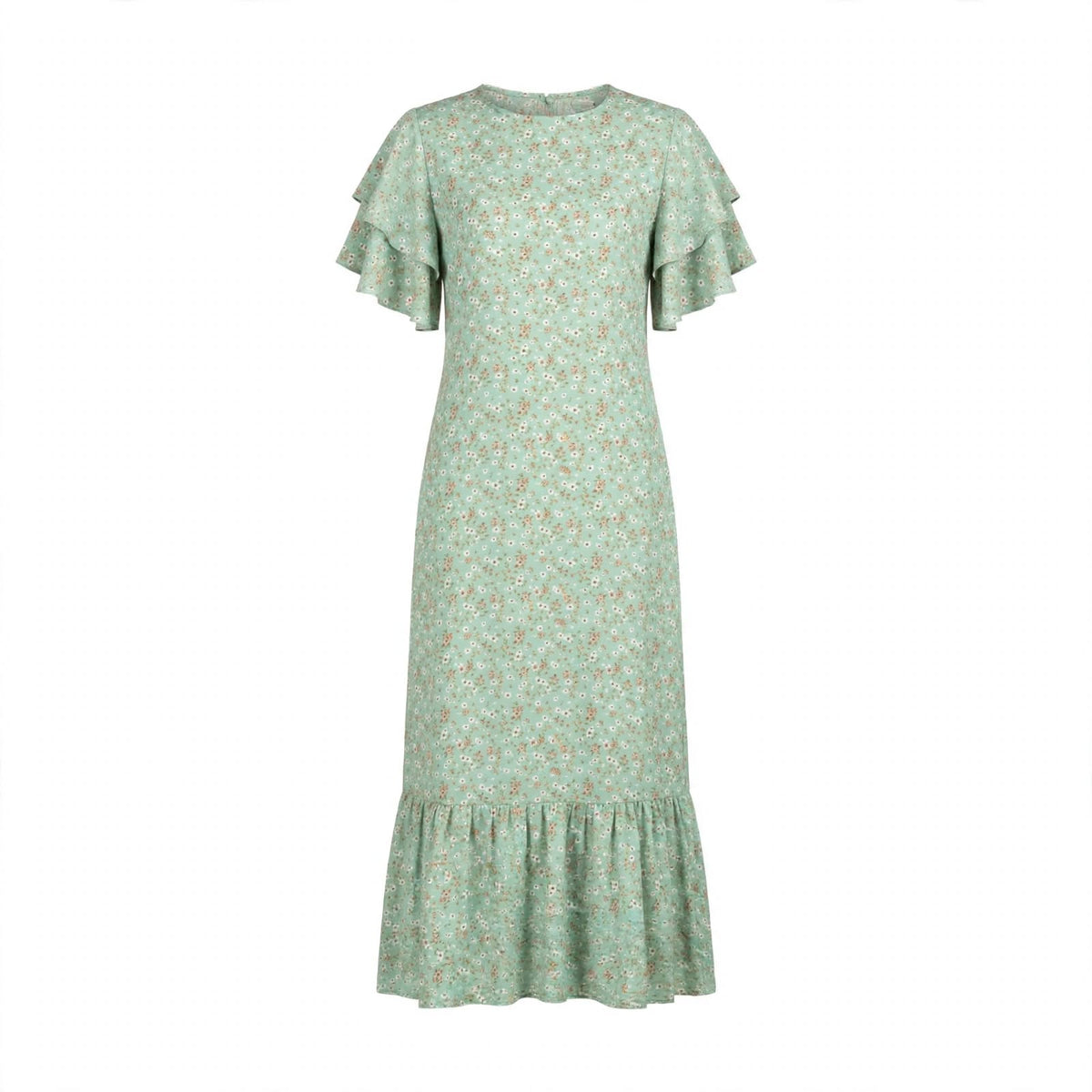 Sage green ditsy floral midi dress with flutter sleeves and frill hem