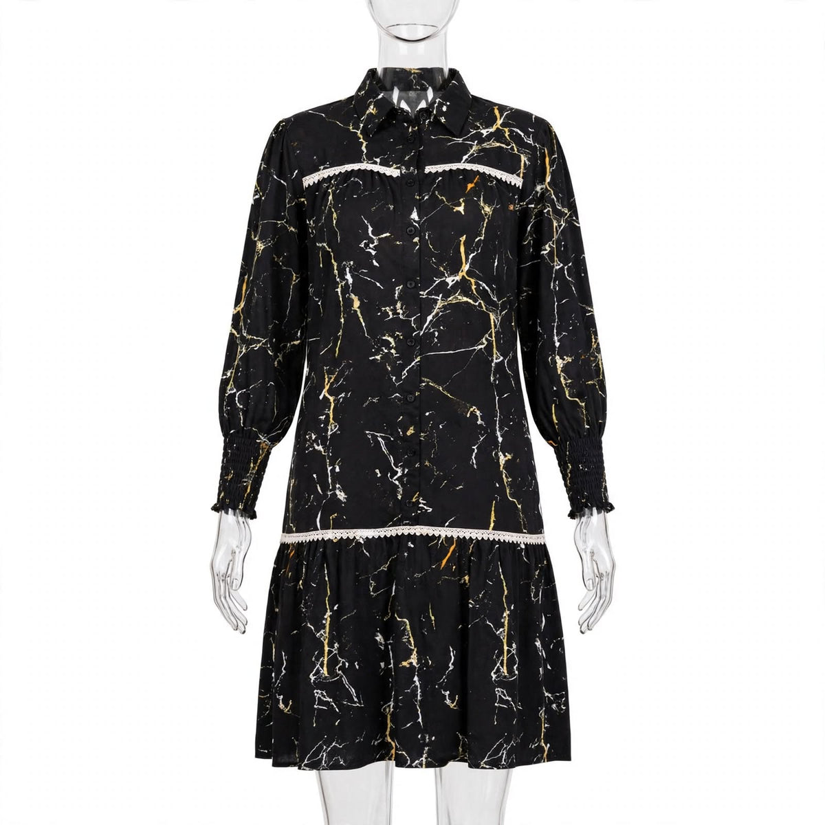 Black and gold marble print shirt dress with lace trim and drop waist