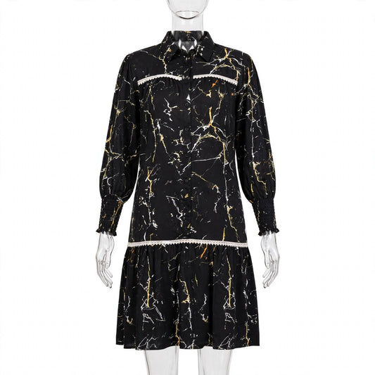 Black and gold marble print shirt dress with lace trim and drop waist