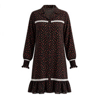 Black red rose print shirt dress with white lace trim and frill hem