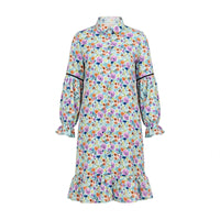 Pale blue watercolour floral shirt dress with ruffle hem and bishop sleeves