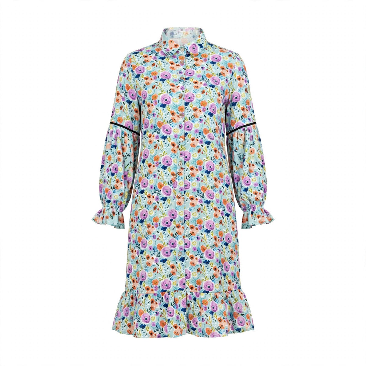 Pale blue watercolour floral shirt dress with ruffle hem and bishop sleeves