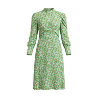 Green ditsy floral midi dress with high mandarin neck and puff sleeves