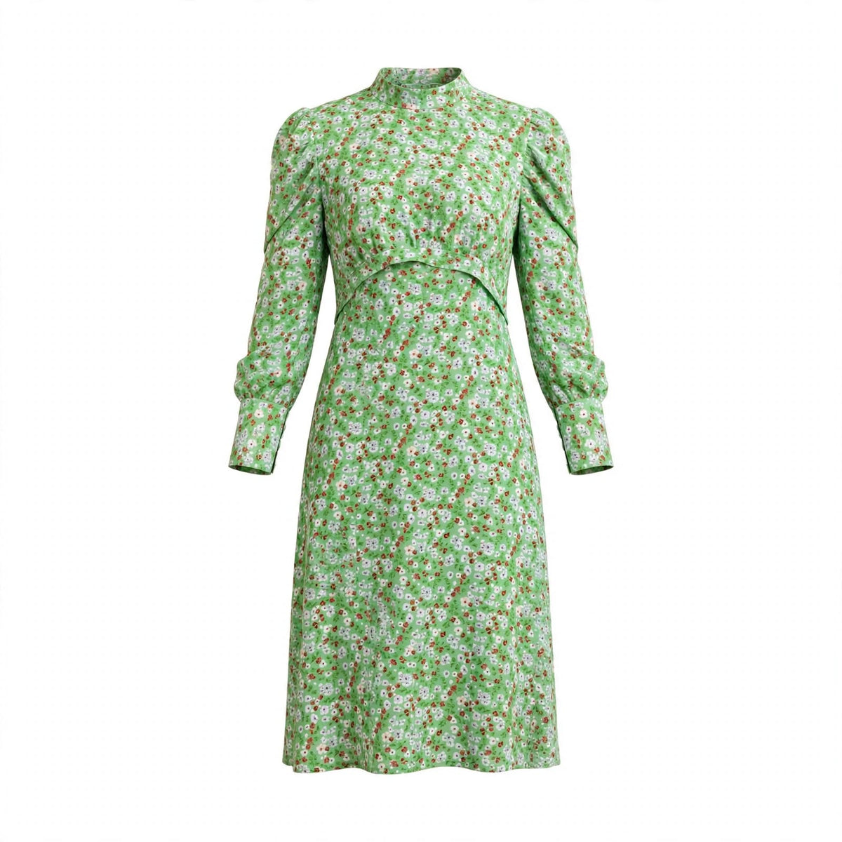 Green ditsy floral midi dress with high mandarin neck and puff sleeves