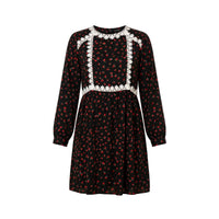 Black dress with red rose print and white daisy lace bib trim