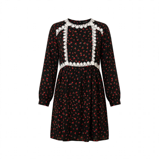 Black dress with red rose print and white daisy lace bib trim