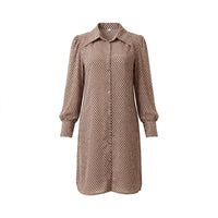 Brown diamond lattice print shirt dress with collar and bishop sleeves