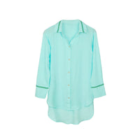 Aqua long shirt with gold braid trim on collar and sleeves