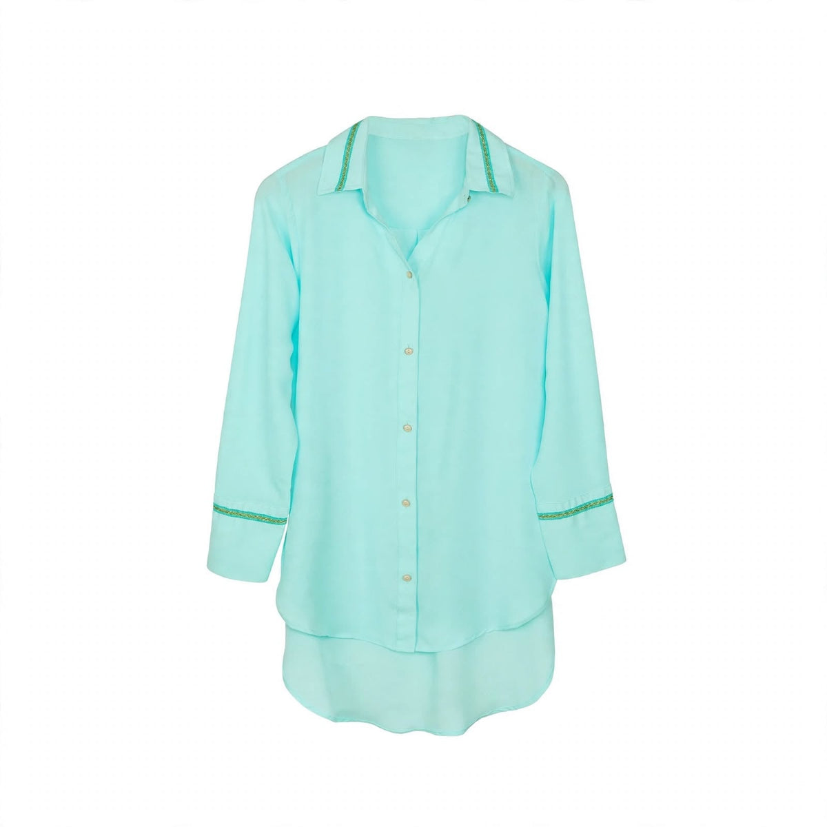Aqua long shirt with gold braid trim on collar and sleeves