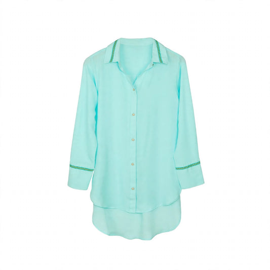 Aqua long shirt with gold braid trim on collar and sleeves