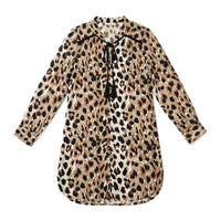 Tan leopard print tunic shirt with black tassel tie and high-low hem