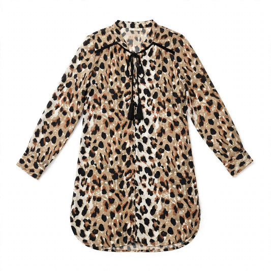 Tan leopard print tunic shirt with black tassel tie and high-low hem