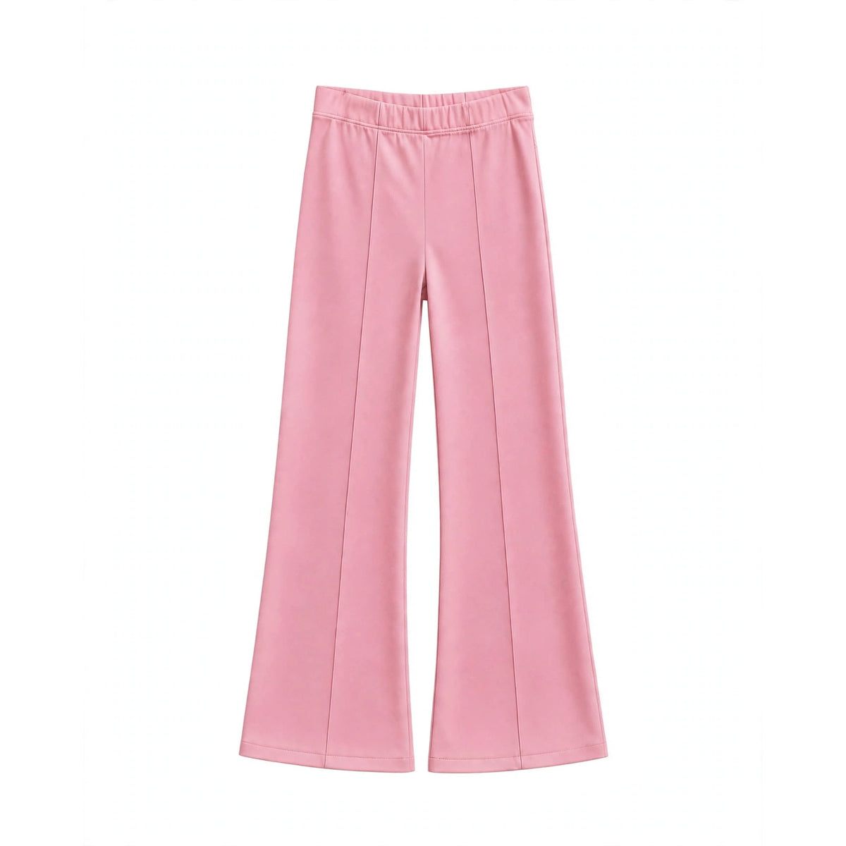 Baby pink flared pants with a gathered elastic waistband and pintuck leg seams