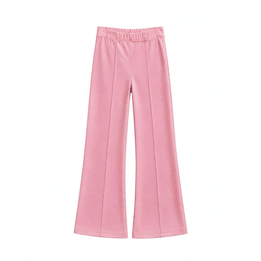 Baby pink flared pants with a gathered elastic waistband and pintuck leg seams