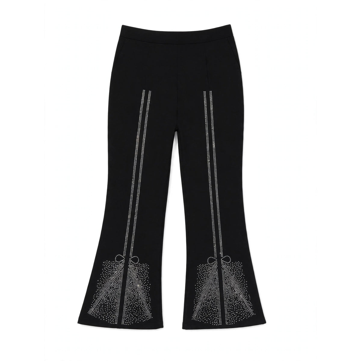 Girls' black flared pants with rhinestone bow detail across the flared hem