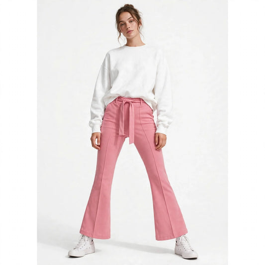 Tie-Belt Flared Trousers – Blush Pink