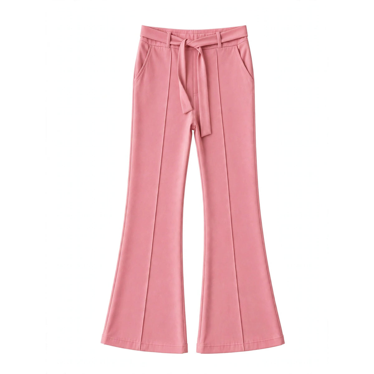 Blush pink flared trousers with a self-fabric tie belt at the waist
