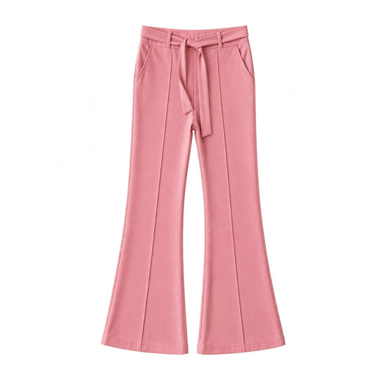 Blush pink flared trousers with a self-fabric tie belt at the waist