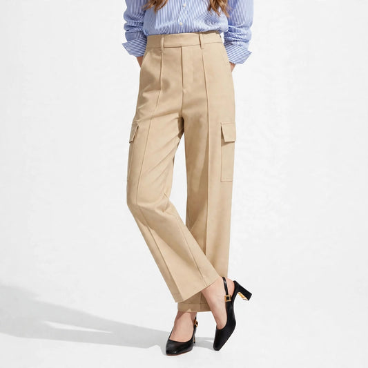 Pleated Wide-Leg Cargo Trousers – Beige