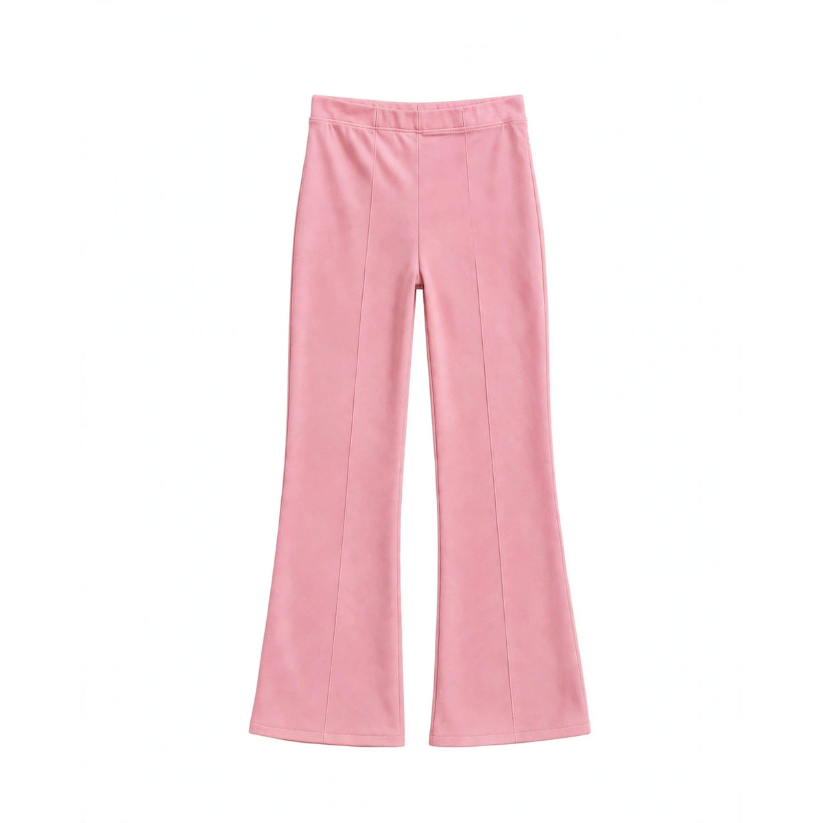 Rose pink high-waist flared pants with pintuck seams down the front of each leg