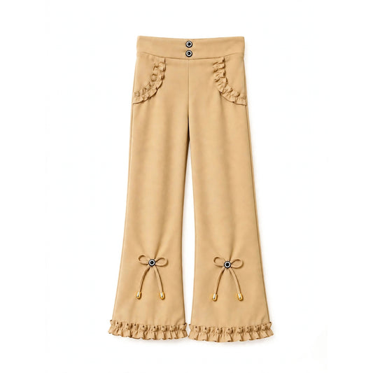 Girls' camel flared pants with ruffle trim, waist buttons and knee bows