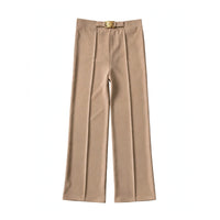Khaki high-waist wide-leg trousers with a gold-tone buckle at the front waistband