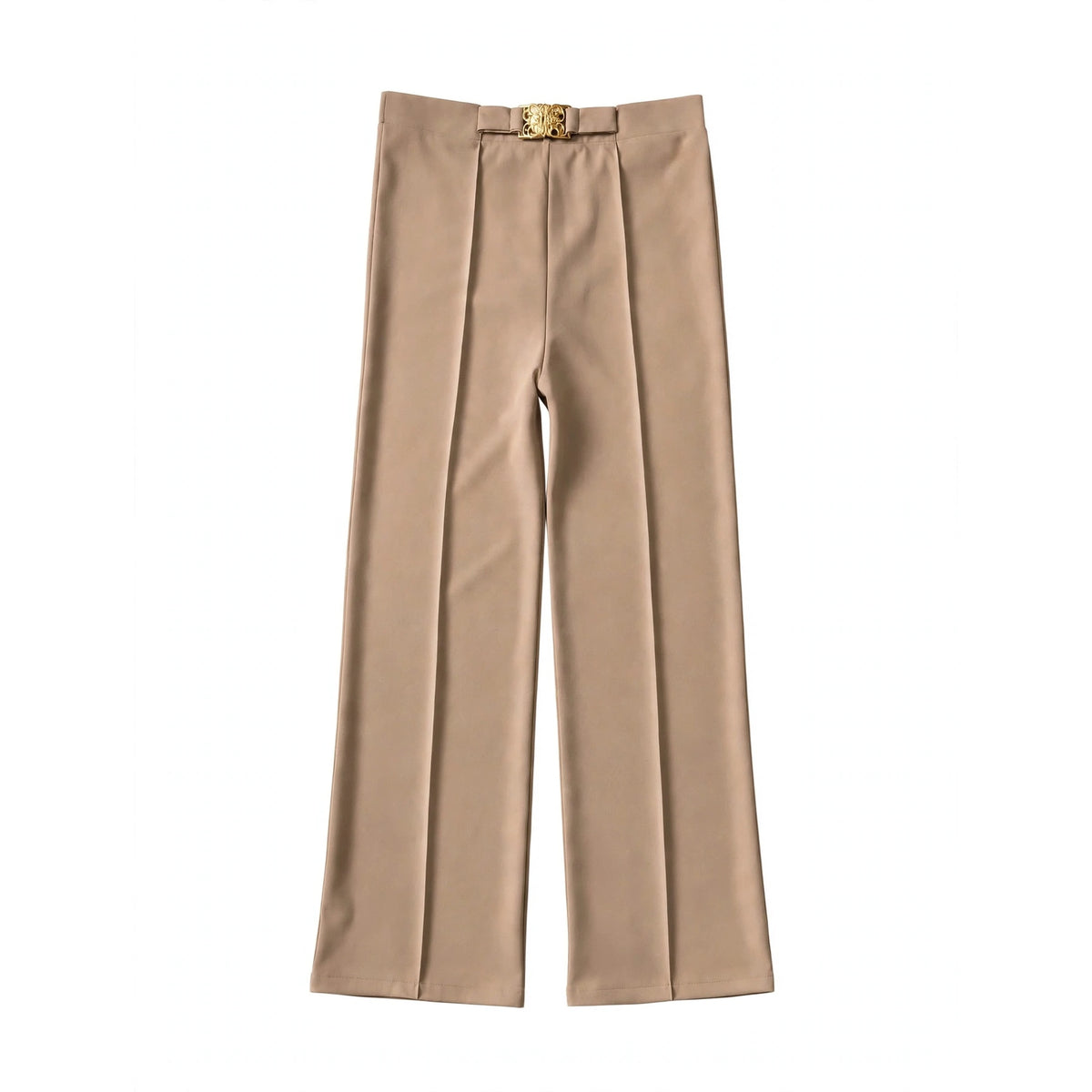 Khaki high-waist wide-leg trousers with a gold-tone buckle at the front waistband