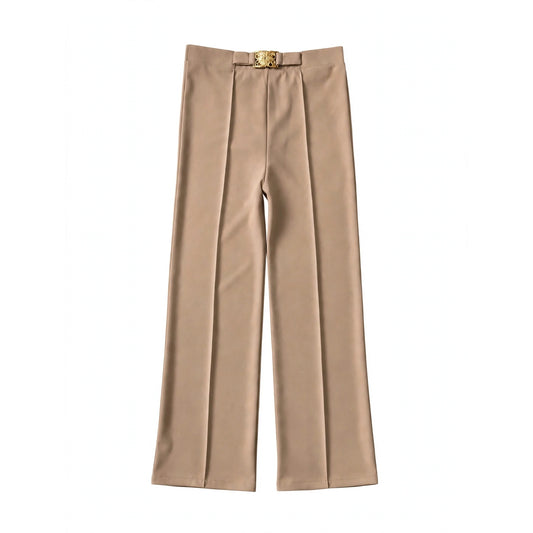 Khaki high-waist wide-leg trousers with a gold-tone buckle at the front waistband