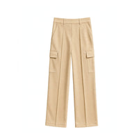 Girls' beige pleated wide-leg cargo pants with flap pockets on each leg
